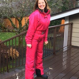 Women’s ski suit, hot pink and black.
